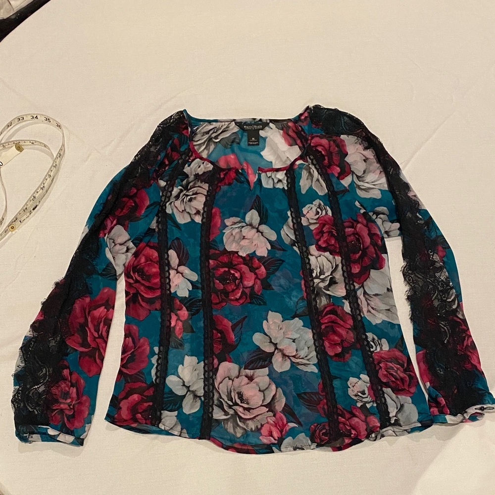 White House Black Market Floral Lace Blouse - Teal and Pink